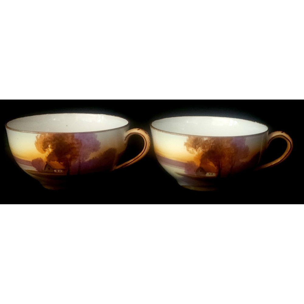 Vtg Noritake Morimura Nippon Handpainted Tree Meadow Gold Rim Tea Cup Set Of 2